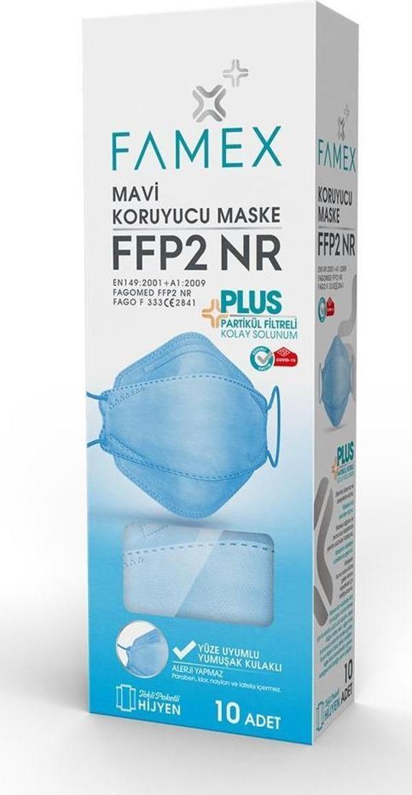 FAMEX N95 FFP2 KORUYUCU MASKE MAVİ RENK 10 ADET TEKLİ PAKET FİSH MODELİ - Image 1
