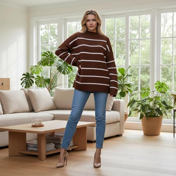 BİÇOMİ Çizgili ispanyol kol triko boğazlı kahve beyaz elf - Image 1