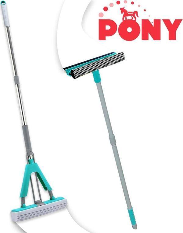 PONY PRATİK 2 Lİ PRATİK PASPAS + TELESKOPİK SAPLI CAM SİLECEĞİ ÇEKÇEK MOP TEMİZLİK SETİ - Image 1