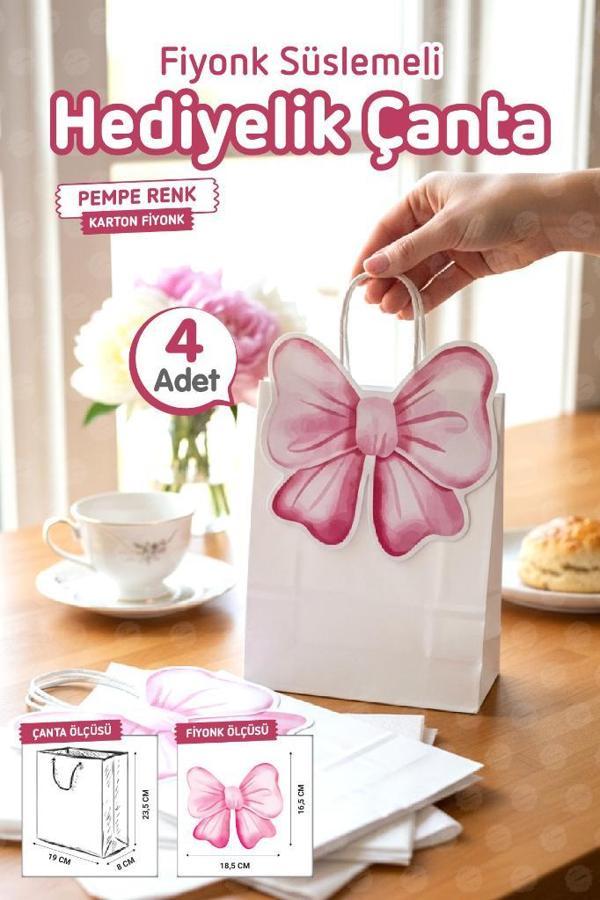 Burgu Saplı Karton Kurdeleli Çanta 4 adet Hediye Paketi Çanta Poşet (Pembe)doğum günü, düğün, bebek partisi-T1541 - Image 1