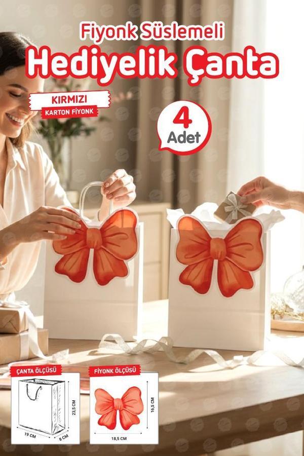 Burgu Saplı Karton Kurdeleli Çanta 4 adet Hediye Paketi Çanta Poşet (Kırmızı)doğum günü, düğün, bebek partisi-T1540 - Image 1