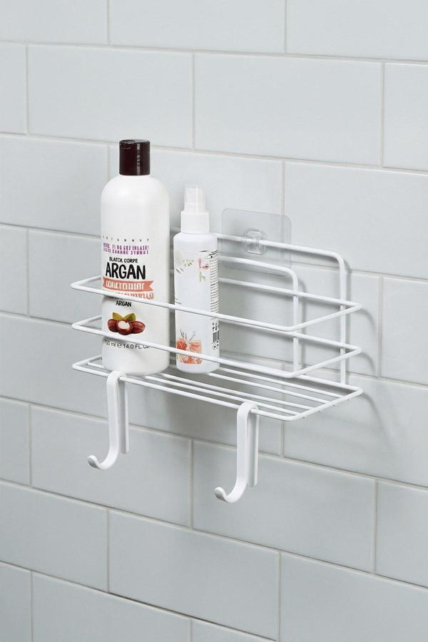 Tekli Beyaz Yapışkanlı Banyo Rafı + 2’li Askı Kanca Seti – Paslanmaz Metal Duş Şampuanlık (Yapıştır/ - Image 1