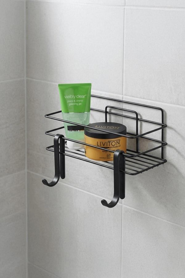 Tekli Siyah Yapışkanlı Banyo Rafı + 2’li Askı Kanca Seti – Paslanmaz Metal Duş Şampuanlık (Yapıştır/ - Image 1