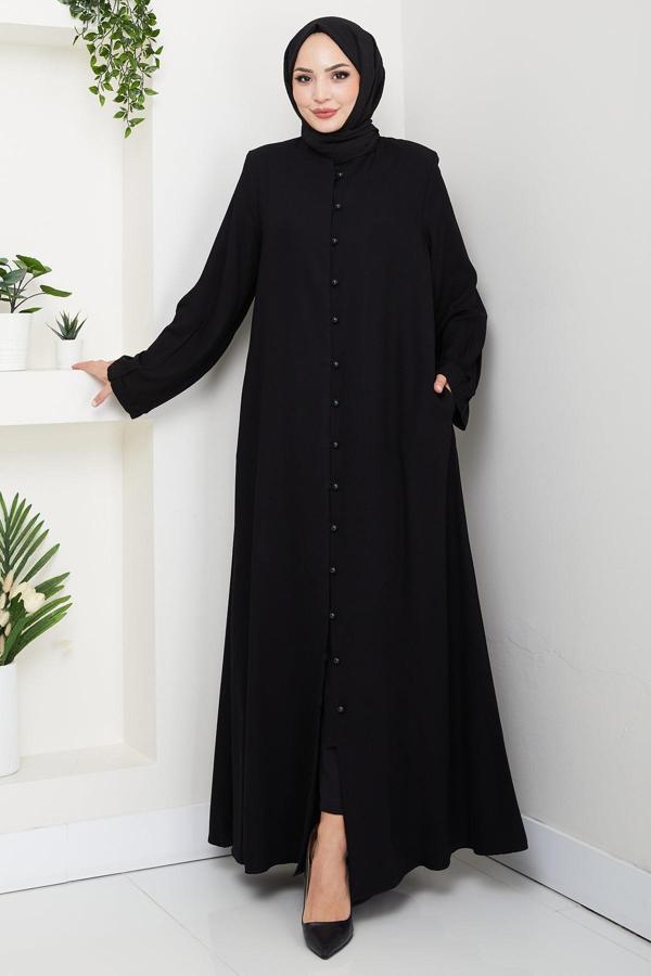 Kolu Pensli Düğmeli Ferace Siyah HM2861 - Image 1