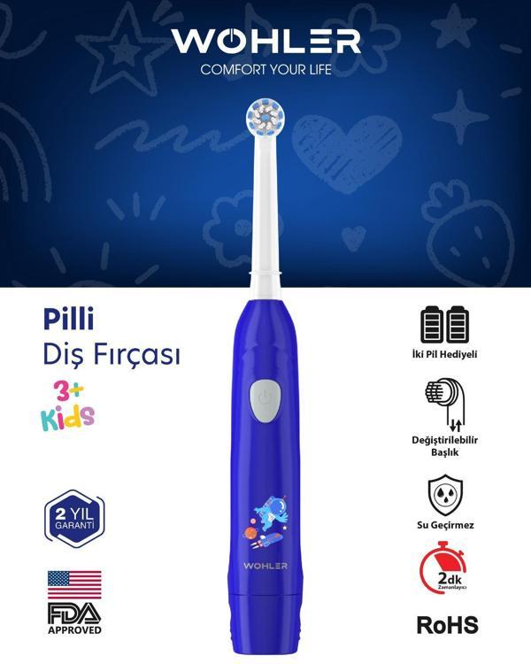 Wohler Değiştirilebilir Başlıklı Pilli Erkek Çocuk Diş Fırçası 3+ , Fda Onaylı - Image 1