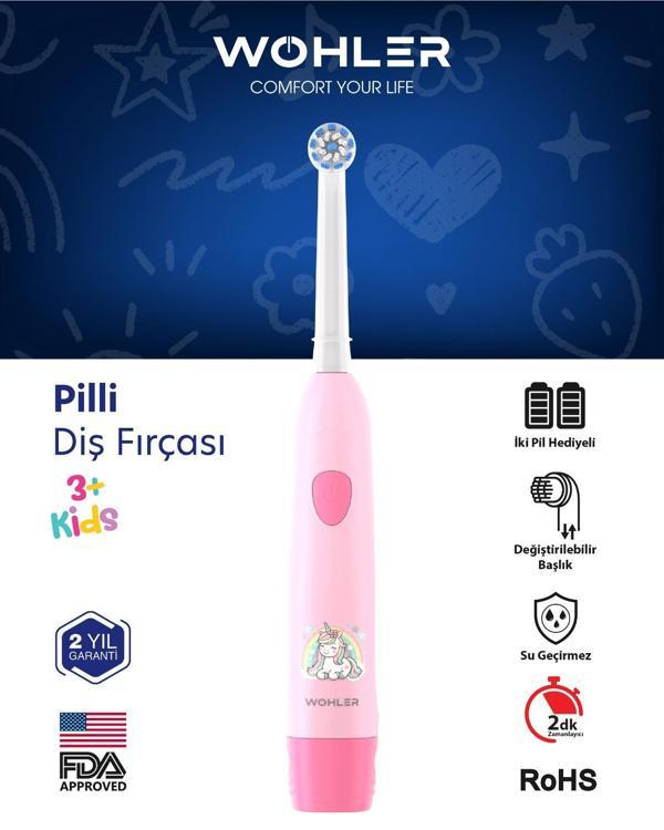 Wohler Değiştirilebilir Başlıklı Pilli Kız Çocuk Diş Fırçası 3+ , Fda Onaylı - Image 1