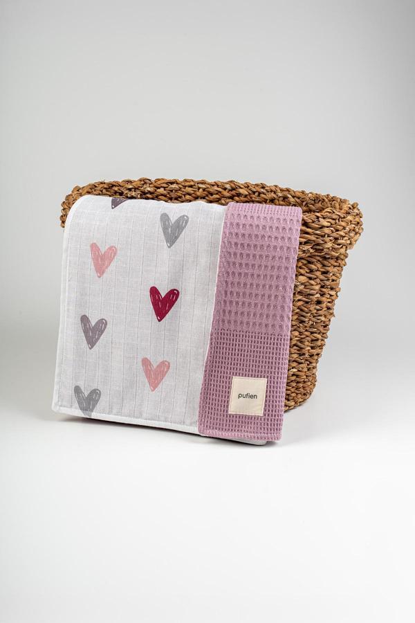 Pufien 90X90 Kalp Desenli Çok Amaçlı Müslin Bebek Örtüsü, Waffle Bebek Örtü & Battaniye - Image 1