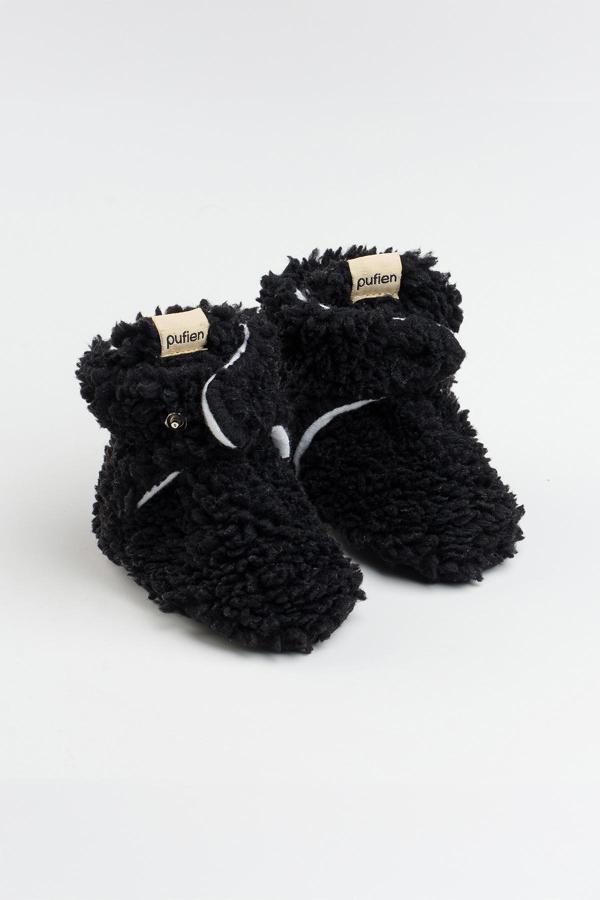 Pufien Kaydırmaz Tabanlı Bebek Pandufu – Peluş Ve Terletmez Organik Pamuk Astarlı Siyah Panduf - Image 1
