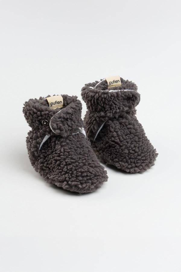 Pufien Kaydırmaz Tabanlı Bebek Pandufu – Peluş Ve Terletmez Organik Pamuk Astarlı Antrasit Panduf - Image 1