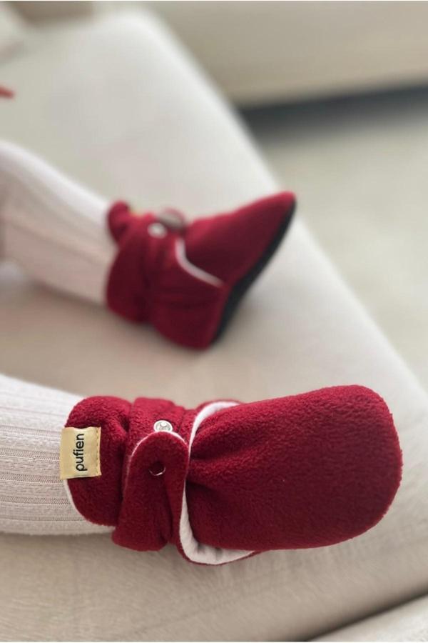 Pufien Organik Pamuk Astarlı, Bebek İlk Adım Ayakkabısı, Kaydırmaz Taban, Bebek Pandufu, Kırmızı Patik - Image 1