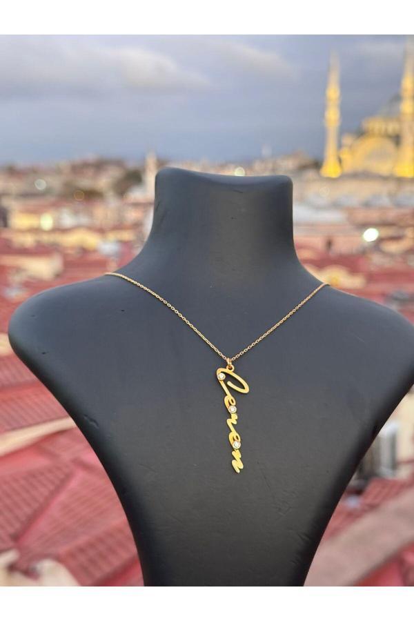 Market Of Universe 925 Ayar Gümüş Kişiye Özel Taşlı Dikey İsimli Kolye - Image 1