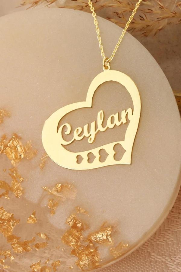 Market Of Universe Kadın 925 Ayar Gümüş Kalbin İçinde İsim Yazılı Kolye Gold - Image 1