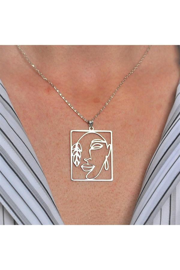 Market Of Universe 925 Ayar Gümüş Kadın Minimalist Yüz Sanatı Kolye - Image 1
