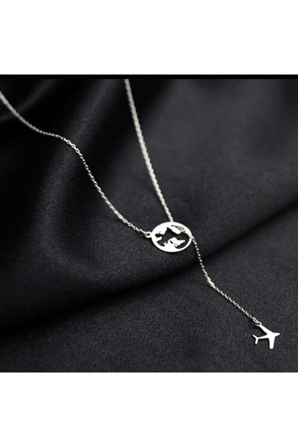 Market Of Universe Kadın 925 Ayar Gümüş Dünya Uçak Kolye - Image 1