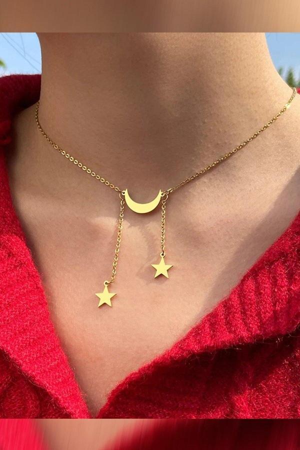 Market Of Universe Kadın 925 Ayar Gümüş Çift Yıldız Sallantılı Hilal Kolye - Image 1