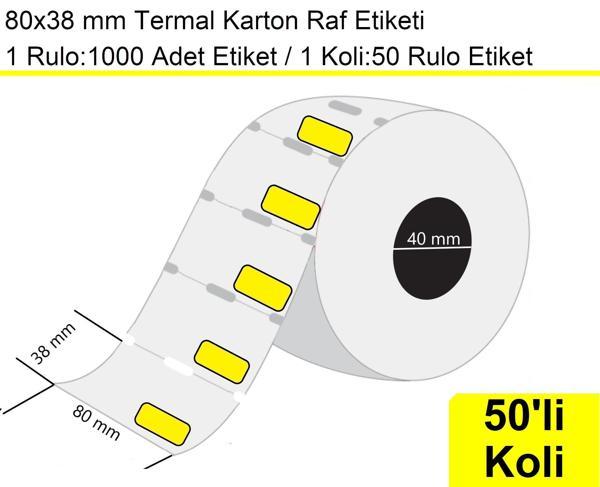 80x38 mm Karton Termal Raf Reyon Etiketi Sarı Çerçeveli 1 Rulo: 1000'li Sarım Etiket 1 Koli: 50 Rulo Etiket - Image 1