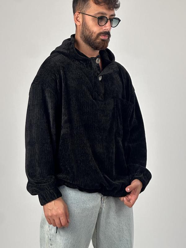 Kadife Dokulu Siyah Oversize Kapüşonlu Erkek Sweatshirt COC1038 - Image 1