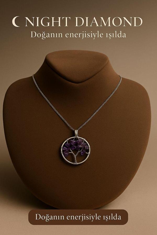 Night Diamond Kadın Kolye Ametis Doğal Taş Zincirli Kolye - Image 1