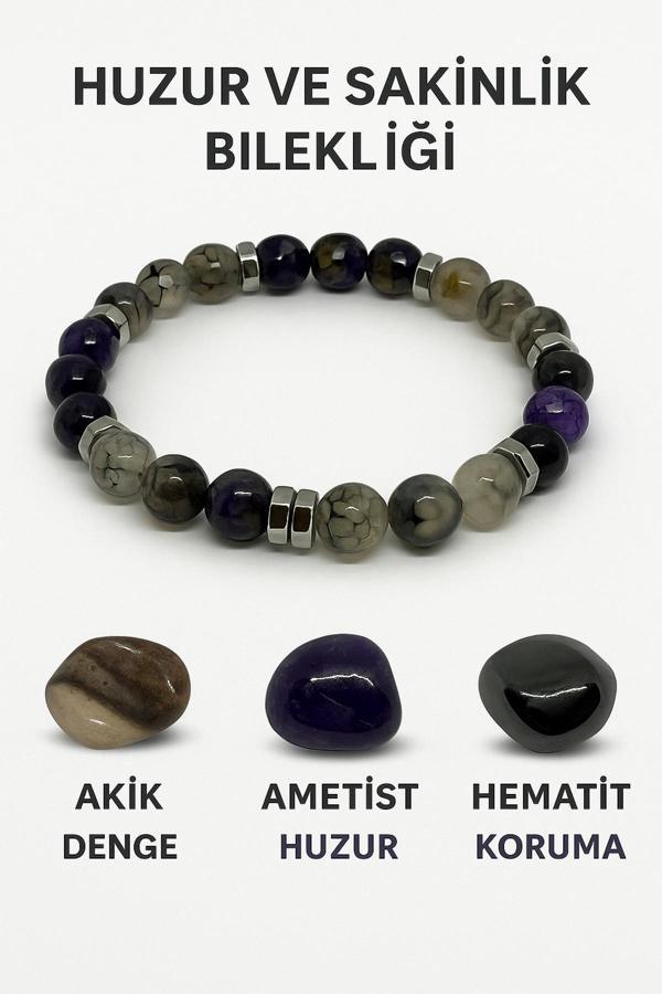 Night Diamond Doğal Akik - Ametis - Hematit Huzur Ve Sakinlik Sağlayan Bileklik | Akik - Ametis Ve Hematittaşı - Image 1