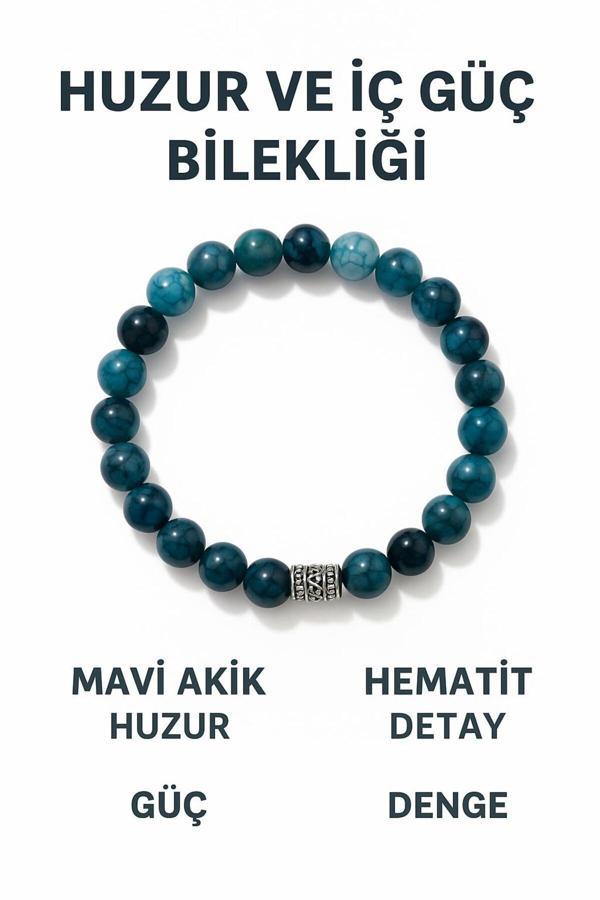 Night Diamond Doğal Mavi Akik Ve Hematit Huzur Ve İç Güç Sağlayan Bileklik | Mavi Akik Ve Hematit Taşı - Image 1