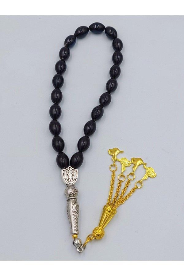 Bilek Boy Siyah Mavi Alpaka Püsküllü Ateş Kehribar Tespih - Image 1