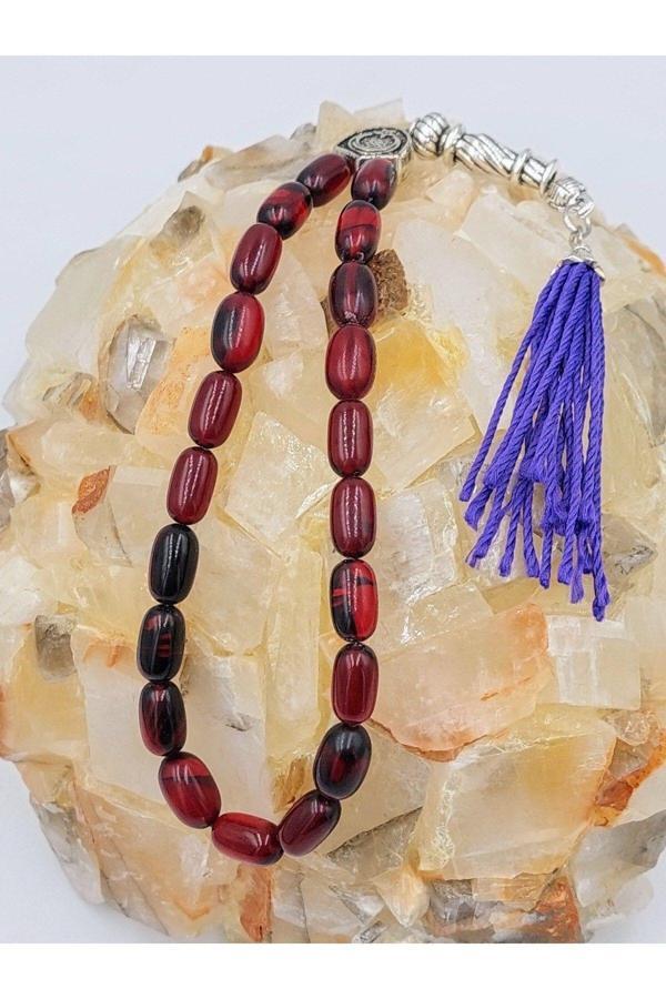 Kırmızı Bilek Boy Mor Püsküllü Ateş Kehribar Tespih - Image 1