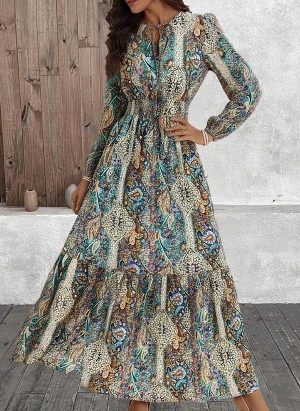 MDB Kadın Uzun Kollu Uakadabağcıklı Beli Lastikli Desenli Uzun Süprem Elbise - Image 1