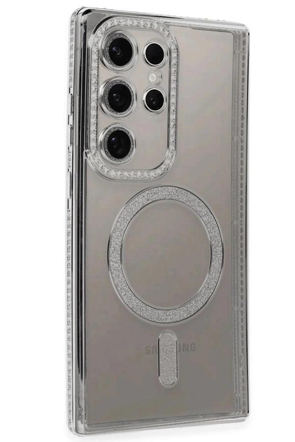 Samsung Galaxy S24 Ultra Kılıf Joke Simli Magneticsafe Kılıf - Gümüş-(5796) - Image 1