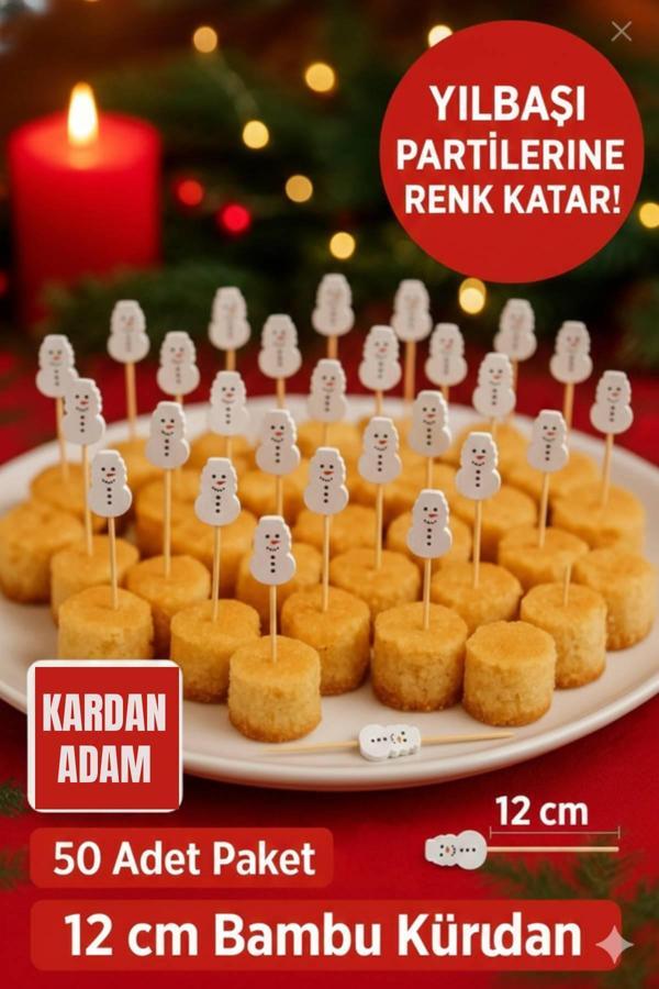 50’li Yılbaşı Kardan Adam Figürlü 12 cm Bambu Kürdan – Pasta Cupcake Süsleme Çubuğu Seti - Image 1