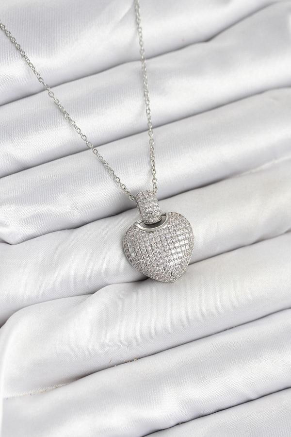 Zincir Gümüş Renk Zirkon Taşlı Kalpli Kadın Kolye - EBJ251025W38294 - Image 1