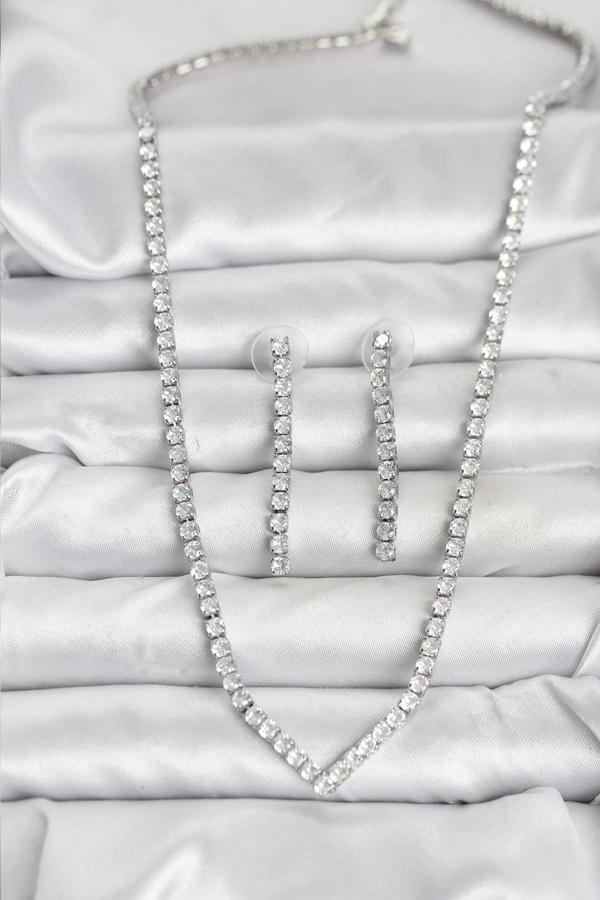 Gümüş Renk Zirkon Taşlı Kadın Kolye Küpe Seti - EBJ251115W38368 - Image 1