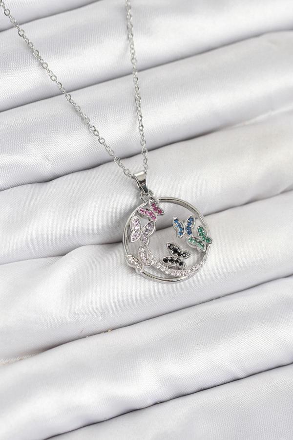 Zincir Gümüş Renk Zirkon Taşlı Kelebekli Kadın Kolye - EBJ251025W38296 - Image 1