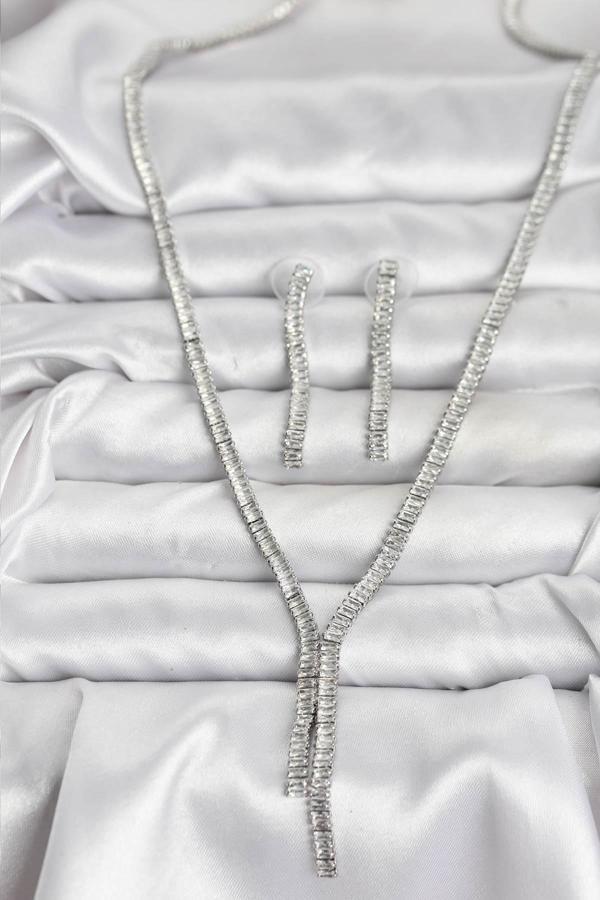 Gümüş Renk Baget Zirkon Taşlı Kadın Kolye Küpe Set - EBJ251115W38367 - Image 1