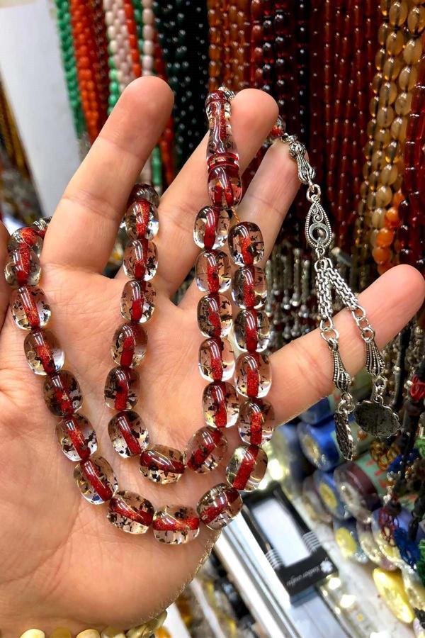 Kırmızı Renk Çay Fosili İri Taneli Toz Kehribar Tesbih - Image 1