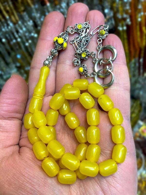 Mine Taş Püsküllü Sarı Renk Toz Kehribar Tesbih - Image 1