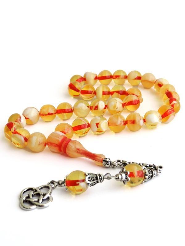 Küre Taneli Dalgalı Sarı ve Beyaz Renk Toz Kehribar Tesbih - Image 1