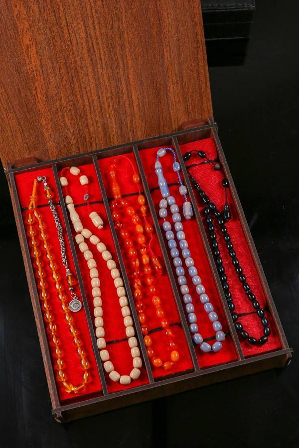 Ahşap Kutusunda Usta İşçilikli 5'Lİ Bilek Sıkma Kehribar Set - Image 1