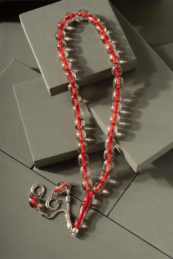 Çay Fosilli Güzel Çekimli İri Taneli Toz Kehribar Tesbih - Image 1