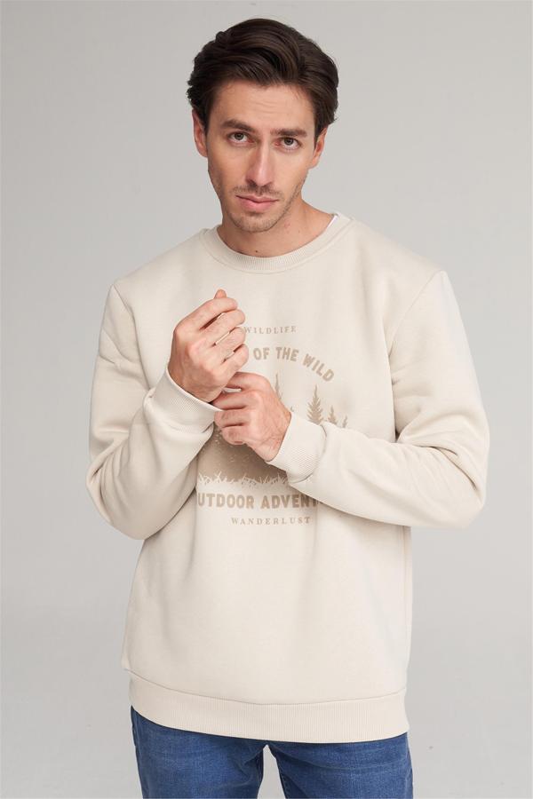 Çetinkaya Mentality 4005 3 İplik Bisiklet Yaka Baskılı Vizon Sweatshirt - Image 1