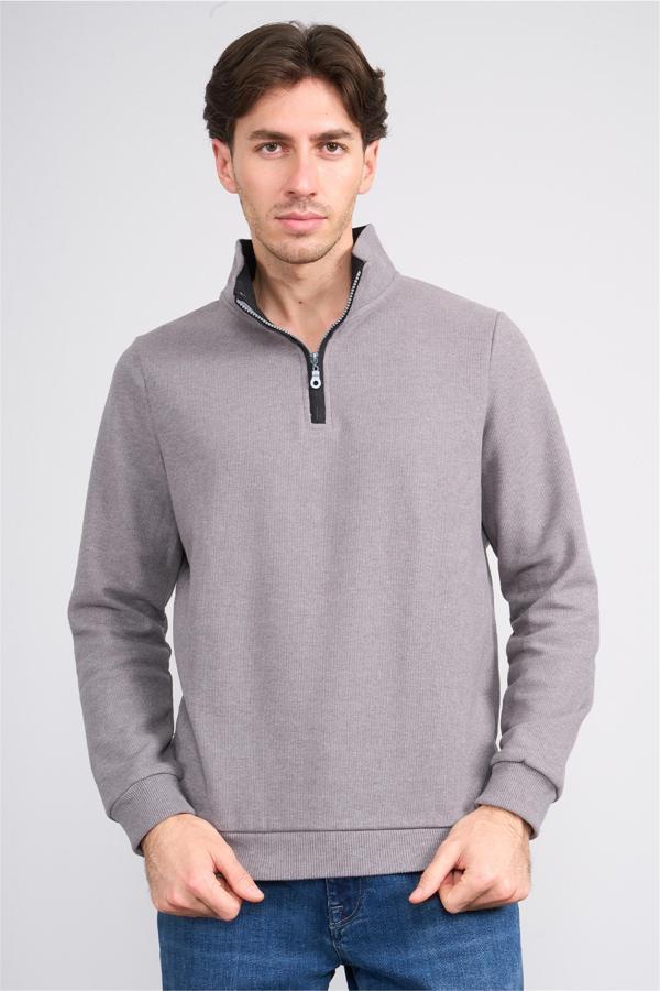 Çetinkaya Mentality 4412 Erkek Fermuarlı Dik Yaka Selanik Sweatshirt Açık Gri - Image 1
