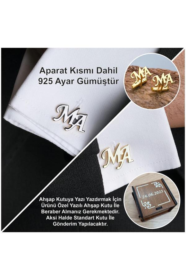 Satürn Silver Kuyumculuk 925 Ayar Gümüş 2 Harfli Kol Düğmesi Altın Kaplama Damat Hediyesi Kişiye Özel - Image 1