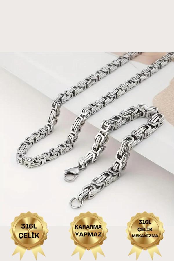 Satürn Silver Kuyumculuk Çelik Kral Zincir Erkek Kolye Ve Bileklik Set Kararmaz Çelik Kolye Çelik Zincir Kolye Kalın Zincir - Image 1