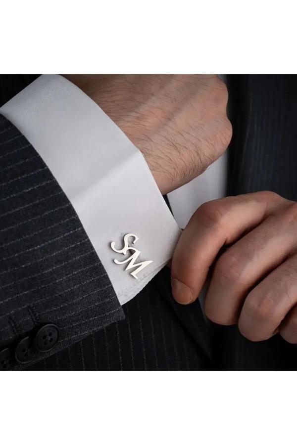 Satürn Silver Kuyumculuk Gümüş Kaplama 2 Harfli Kol Düğmesi Damat Hediyesi Düğün Nişan Kişiye Özel - Image 1