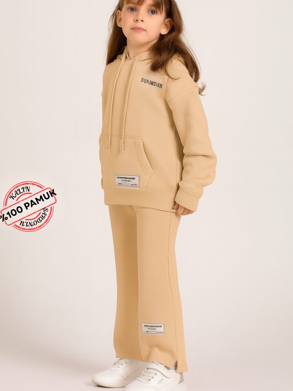 %100 Pamuk Taş Rengi Kız Çocuk Eşofman Takım - Image 1