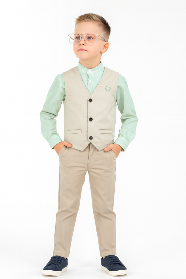 3'lü Set Erkek Çocuk Gabardin Yelek & Pantolon & Dokuma Gömlek - Image 1