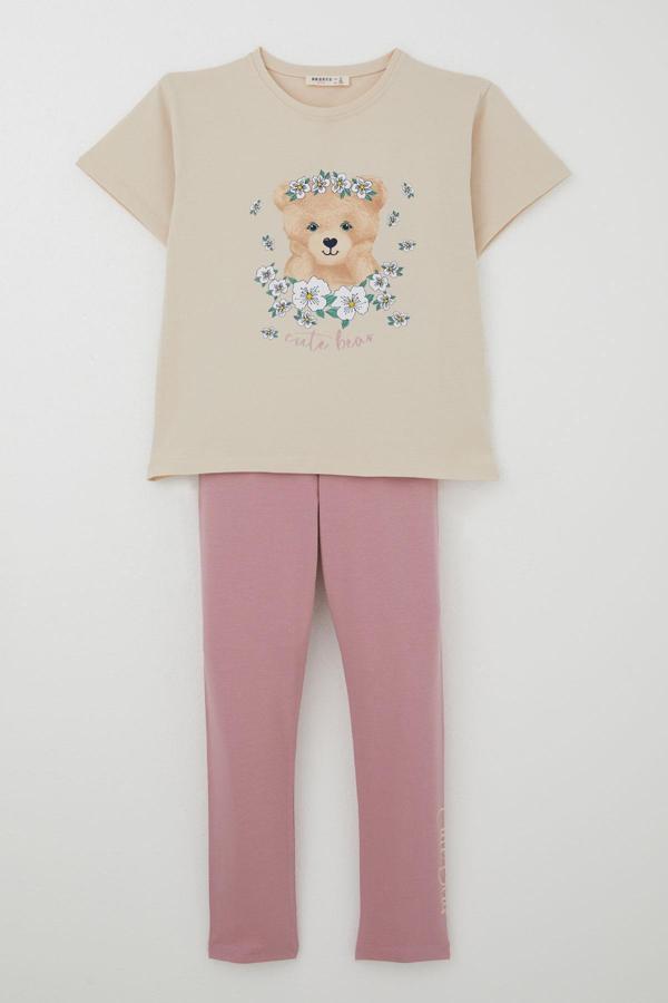 Breeze Kız Çocuk Taytlı Takım Çiçeklerin Kraliçesi Sevimli Ayıcık Baskılı 5-10 Yaş, Bej - Image 1