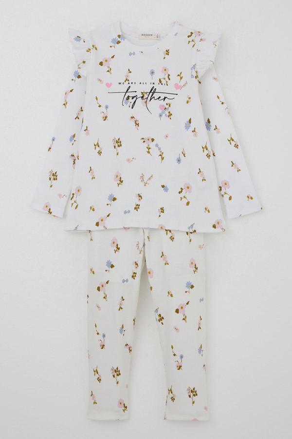Breeze Kız Çocuk Tayt Takımı Renkli Çiçek Desenli Omuzu Fırfırlı 2-6 Yaş Beyaz - Image 1
