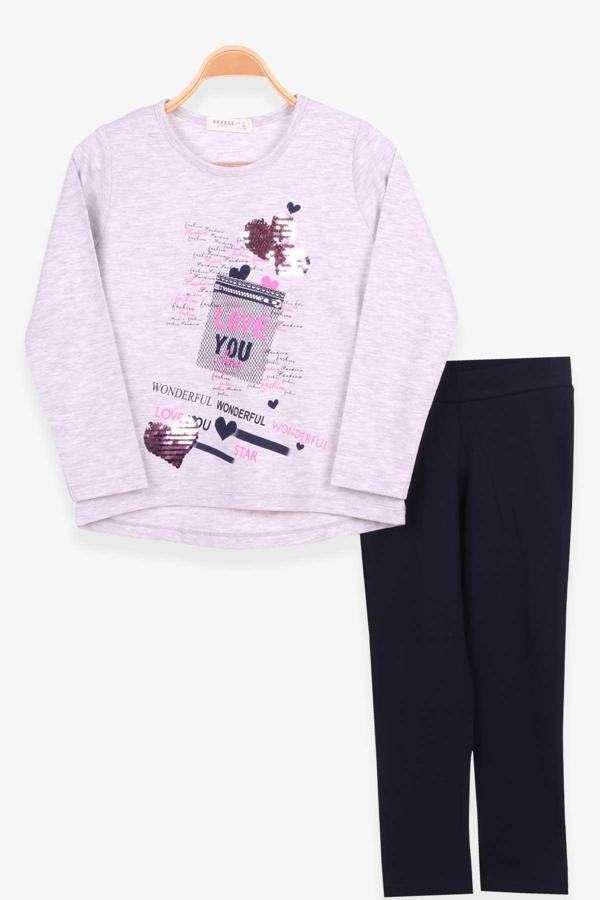 Breeze Kız Çocuk Tayt Takımı Pullu Kalp Desenli 5-10 Yaş Açık Gri Melanj - Image 1