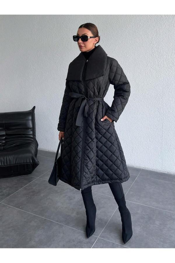 Borcka Tekstil Siyah Renk Kuşaklı Kapitone Kadın Mont - Image 1