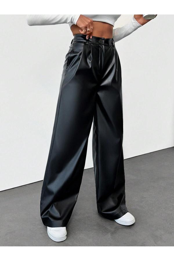 Borcka Tekstil Siyah Renk Yüksek Bel Deri Geniş Paça Kadın Pantolon - Image 1